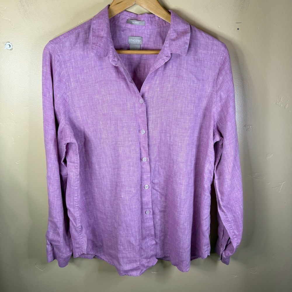 Chico’s Womens Size 8/10 100% Linen Button Down Long Sleeve Roll Tab Pink Office